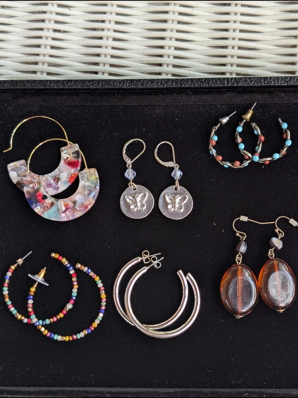 Mixed Lot 6 Pcs Multicolor Beaded Plastic Round Hoop & Dangle Hook Earrings